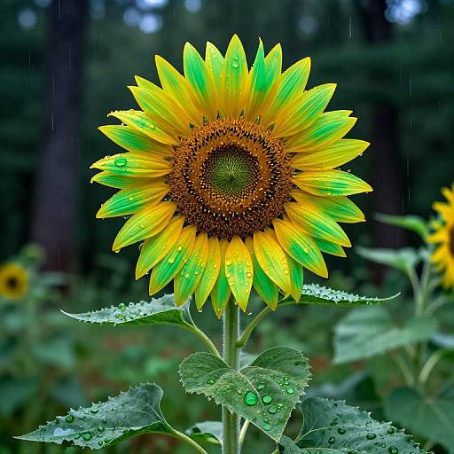 Photograph of a vibrant sunflower with yellow-green petals, raindrops on leaves, and a dark, blurred forest background.