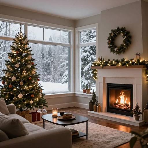 Cozy winter living room photograph: lit fireplace, Christmas tree with ornaments, wreath, large windows showing snowy trees, beige sofa, wooden coffee table