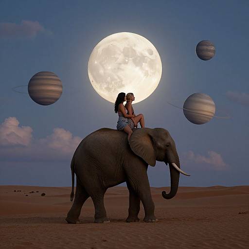 Photograph-style CGI: Silhouetted woman in dress riding elephant in desert, large full moon, three planets in sky. Surreal, cosmic
