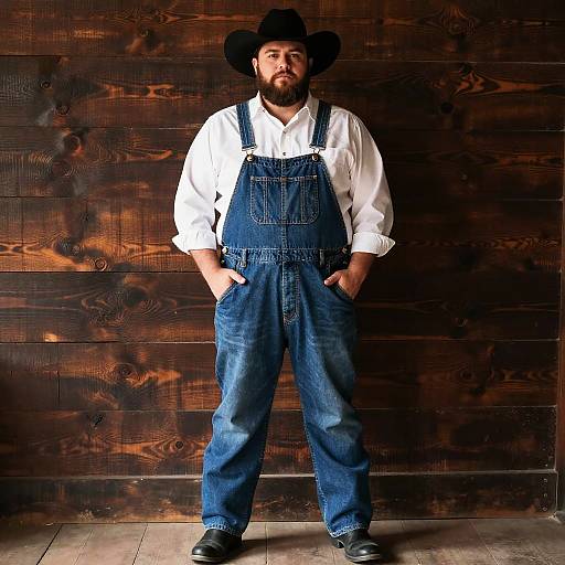 Photograph of bearded man with dark skin, wearing white shirt, blue denim overalls, black hat, black boots, standing against wooden wall.