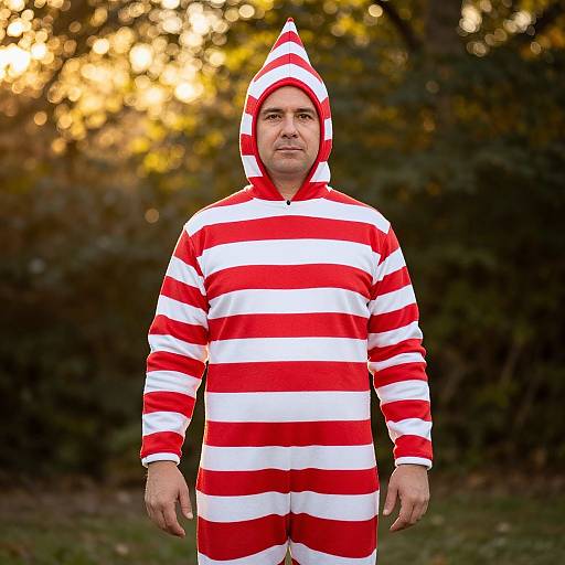 Photograph of a middle-aged man standing outdoors, wearing a red and white striped clown costume with a hood, against a blurred forest background at sunset.