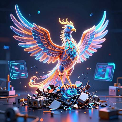 Neon-lit, digital CGI phoenix with glowing wings and electric blue accents stands triumphantly over a pile of shattered electronics. Cyberpunk style, vibrant