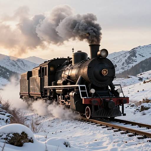 Vintage Steam Locomotive in Snowy Mountain Pass