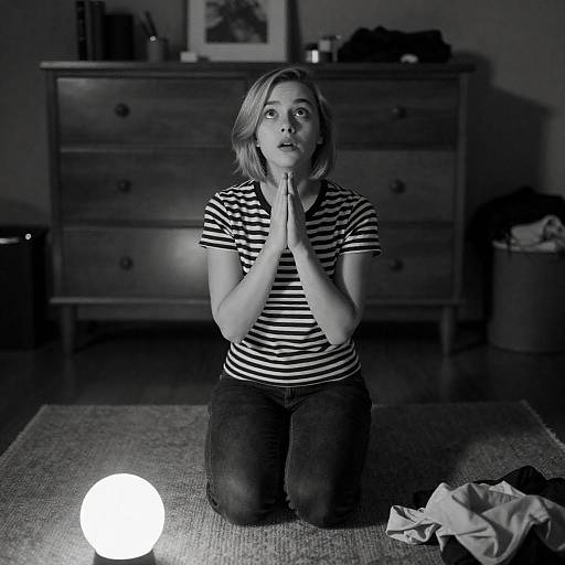 Young woman kneeling with hands clasped in black and white
