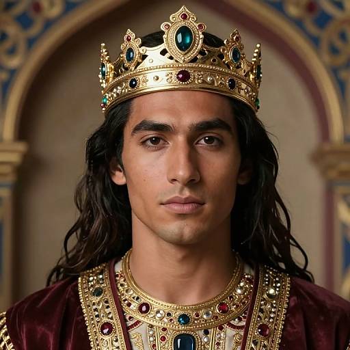 Photograph of a young man with long black hair wearing a gold crown adorned with green and red jewels, and an elaborate gold and jewel-encr