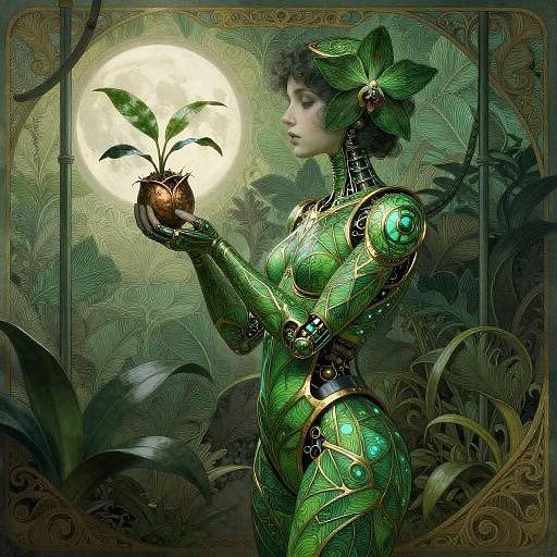 Orchid-Haired Biomechanical Girl in Moonlit Greenhouse