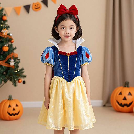 Photograph of a young Asian girl with black hair in a red bow, wearing a Snow White costume, standing in a Halloween-themed room with decorated pump