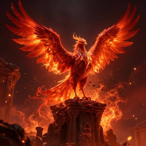 Digital artwork of a fiery, majestic phoenix with outstretched wings standing on a burning, ancient stone column against a dark, fiery sky.