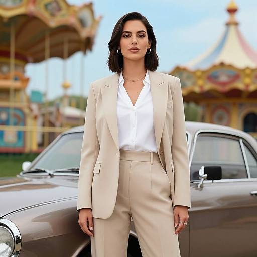 Photograph of a confident woman with black bob hair, wearing a beige suit and white blouse, standing in front of a vintage car and colorful carousel.