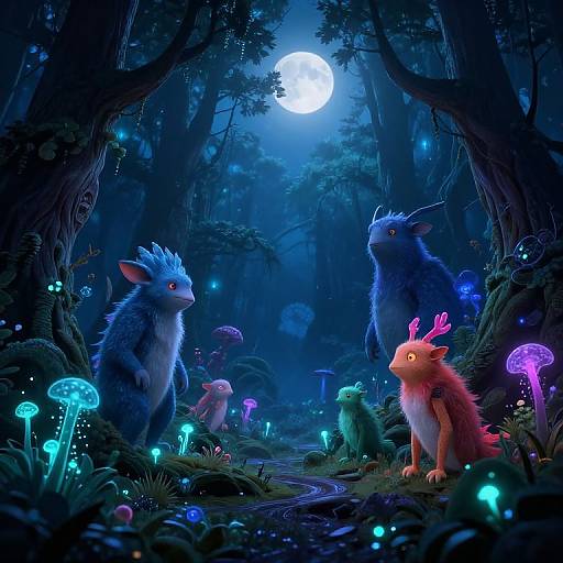 Digital fantasy artwork of blue and orange furry creatures with glowing eyes, surrounded by bioluminescent mushrooms, under a full moon in a mystical, dark