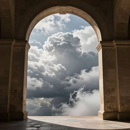 Photograph of a stone archway framing a dramatic, cloudy sky with sunlight breaking through, casting shadows on the tiled floor.