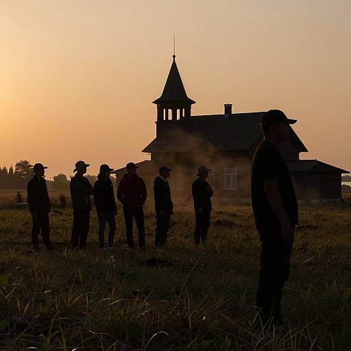 Silhouettes of People at Sunset in Grassy Field