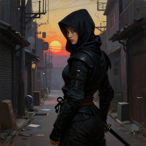 Digital artwork of a mysterious woman in a black hooded leather outfit standing in a narrow, dimly lit, urban alley at sunset with an orange sky