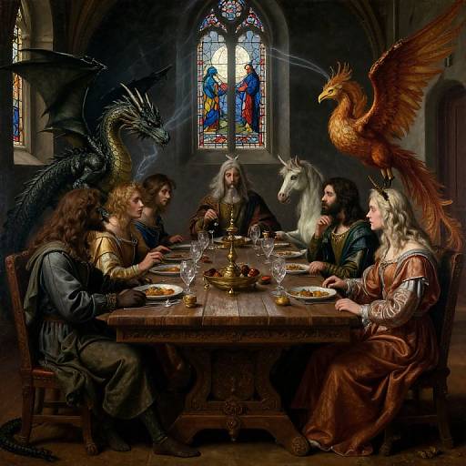 Digital painting of a medieval feast with six figures, including a dragon, eagle, and unicorn, in a dark, gothic church.