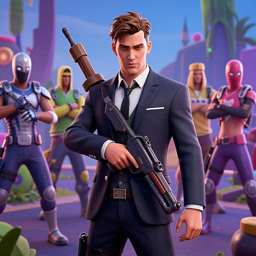 CGI image of a handsome man in a black suit holding a rifle, standing confidently against a colorful, futuristic background with masked characters.