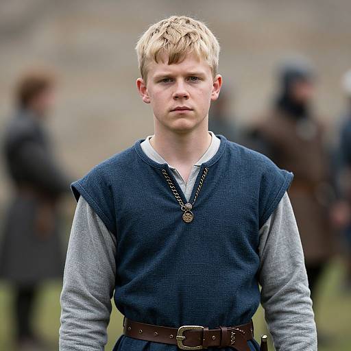 Photograph of a young, blonde, fair-skinned boy in medieval attire with a blue sleeveless tunic, gray shirt, and brown belt,
