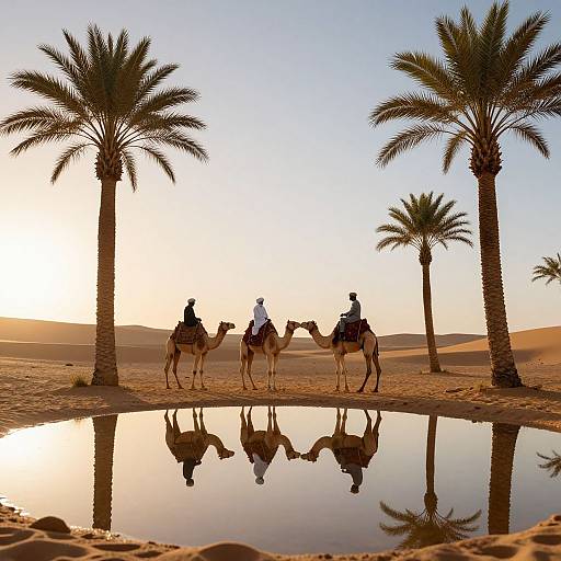Photograph of three silhouetted riders on camels, reflected in a desert oasis pool, with palm trees against a golden sunset.