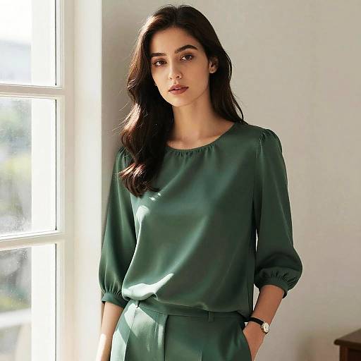 Young Woman in Forest Green Silk Blouse by Window