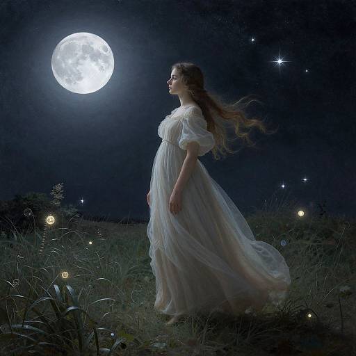 Photorealistic digital art: ethereal woman in flowing white dress stands under bright full moon, surrounded by glowing fireflies in a dark, starlit
