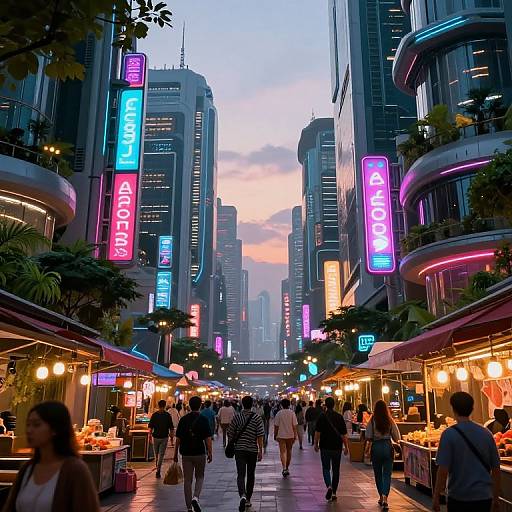 Photograph of a vibrant, neon-lit urban street at dusk, crowded with people walking past illuminated market stalls and skyscrapers with colorful signs.