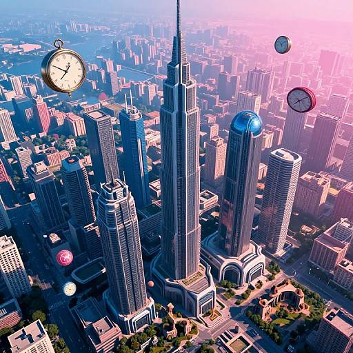 Digital illustration of a vibrant, futuristic cityscape with towering skyscrapers, four floating clocks, and a mix of blue and pink sunlight.