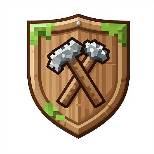Pixelated wooden shield with crossed silver axes, green pixel corners, and a small metal rivet at the top. Digital art style.