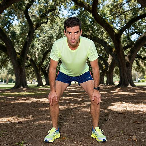 Photograph of a muscular man with short dark hair, wearing a neon yellow shirt, blue shorts, and yellow sneakers, squatting in a wooded park