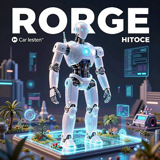 CGI image of a glowing white humanoid robot standing on a futuristic, illuminated platform with digital interfaces, labeled 