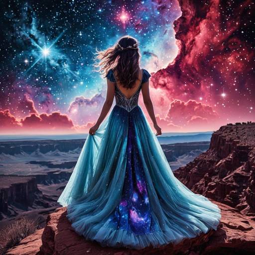 Celestial Woman in Cosmic Gown on Cliff Celestial Woman in Cosmic Gown on Cliff