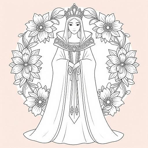 Black-and-white line drawing of a crowned queen with long dress, surrounded by large flowers, standing center, symmetrical floral frame.