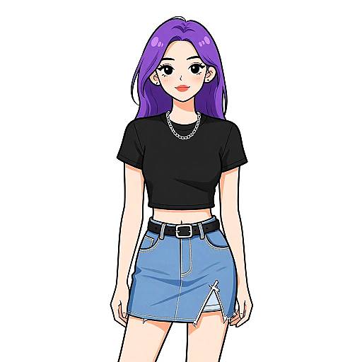 Digital anime-style drawing of a young woman with purple hair, black crop top, blue denim skirt, and black belt, white background.