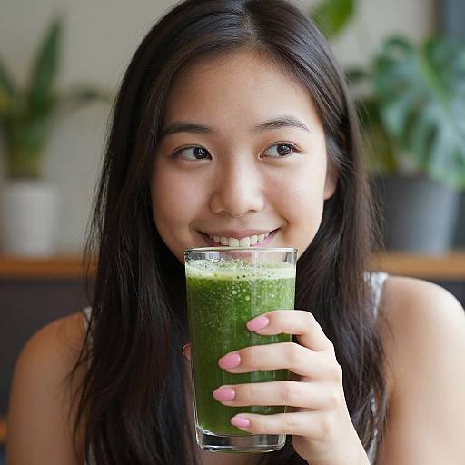 Photograph of a smiling East Asian woman with long black hair, holding a green smoothie glass in a bright, plant-filled café.