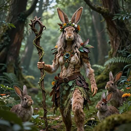 Fantasy forest scene: anthropomorphic rabbit warrior with flower crown, leafy armor, holding twisted staff, surrounded by three small rabbits, lush greenery