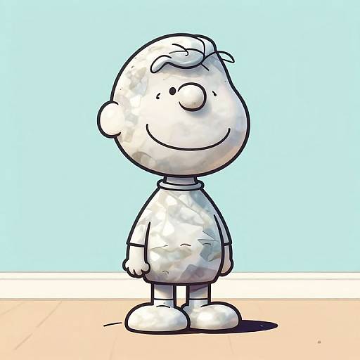 Digital drawing of Charlie Brown from Peanuts, standing with a smile, white body with subtle gray and blue patterns, blue background, beige floor.