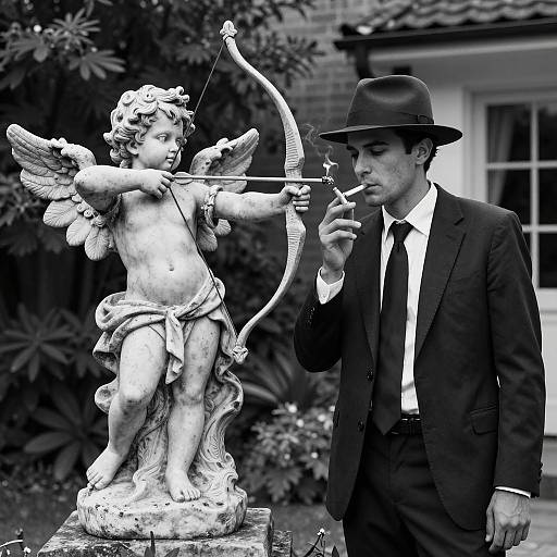 Mysterious Gent with Cherub in Garden