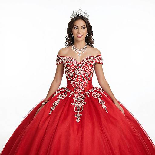 Photograph of a smiling woman in a vibrant red off-the-shoulder ball gown with white floral embroidery, wearing a silver tiara, against a