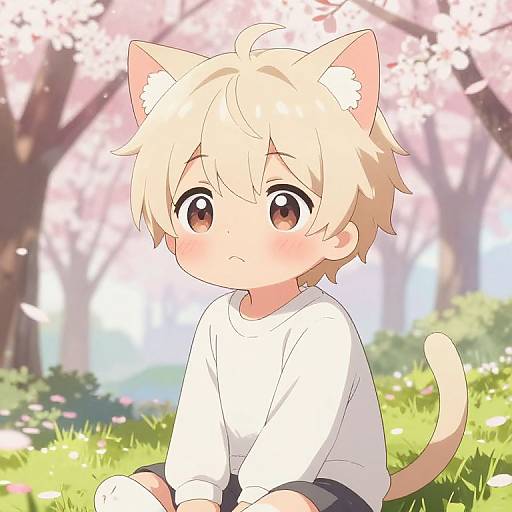 Shy Cute Anime Cat Boy in Cherry Blossoms