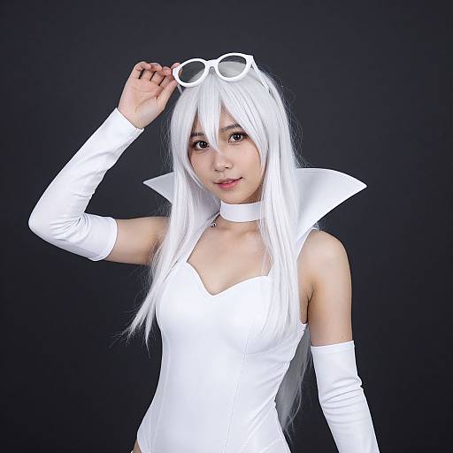 Photograph of an Asian woman in white cosplay with long white hair, white dress, choker, elbow gloves, and white goggles on head, against