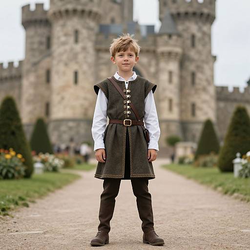 Photograph of a young boy with light brown hair, wearing a black medieval-style dress with white shirt, standing on a gravel path in front of a