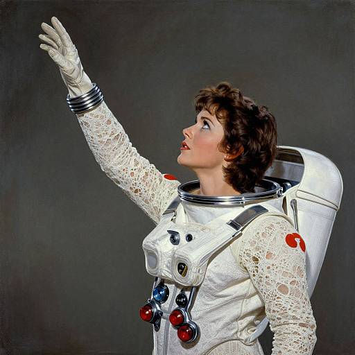 Photograph of a 1960s-style astronaut woman with short brown hair, white lace gloves, and suit, gazing upward, against a dark