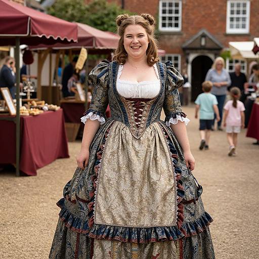 Photograph of a smiling woman in a detailed Renaissance-style dress with lace and embroidery, standing in a bustling outdoor market with red tents and people in the