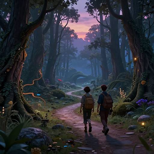 Digital artwork of two hikers with backpacks walking a glowing, enchanted forest path at twilight, surrounded by bioluminescent plants and trees.