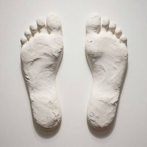 Photograph of two footprints with textured, white plaster-like material, positioned side by side on a bright white background.