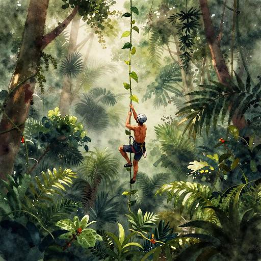 Digital painting of a shirtless, muscular man with blue shorts and helmet, climbing a vine in a lush, sunlit jungle.