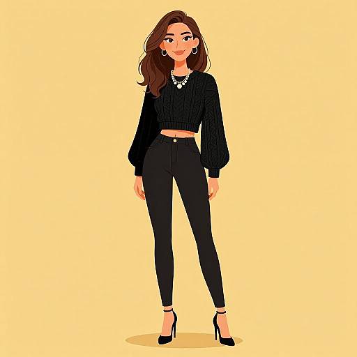 Digital illustration of a brunette woman with long hair, wearing a black crop top, high-waisted pants, black heels, and jewelry, standing against