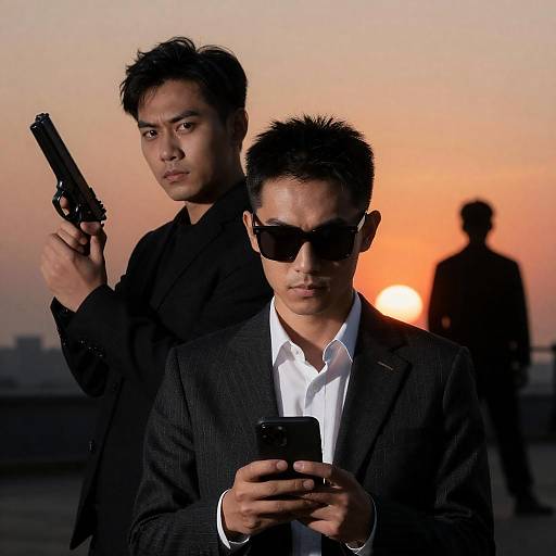 Two Men with Gun and Smartphone at Sunset