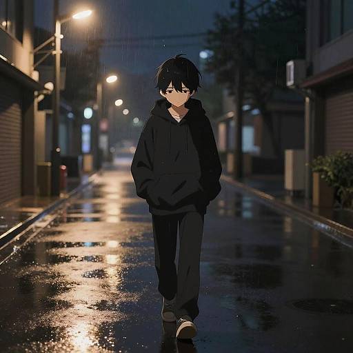 Sad Anime Boy in Rainy Night
