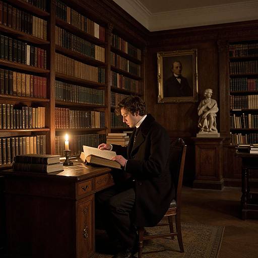 Photograph of a Victorian-era man in a black suit, writing by candlelight in a dimly lit, wood-paneled library, surrounded by book