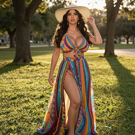 Photograph of a curvy woman with long dark hair, wearing a colorful striped bikini and matching wrap skirt, white hat, standing in a sunlit