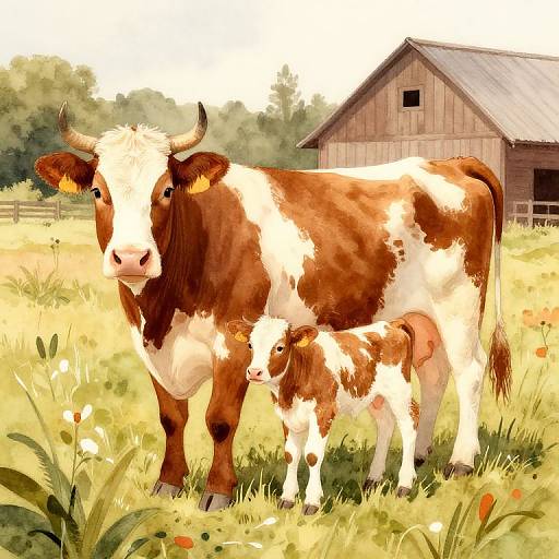 Digital painting of a brown and white cow with a calf, standing in a sunlit grassy field beside a wooden barn.